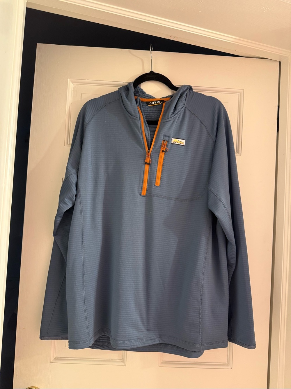 Orvis Slate Blue Hooded Quarter-Zip Pullover with Orange Accents